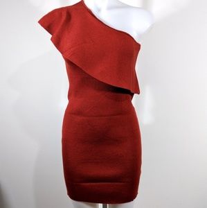 Rust One Shoulder Mini Bodycon Sweater Dress M